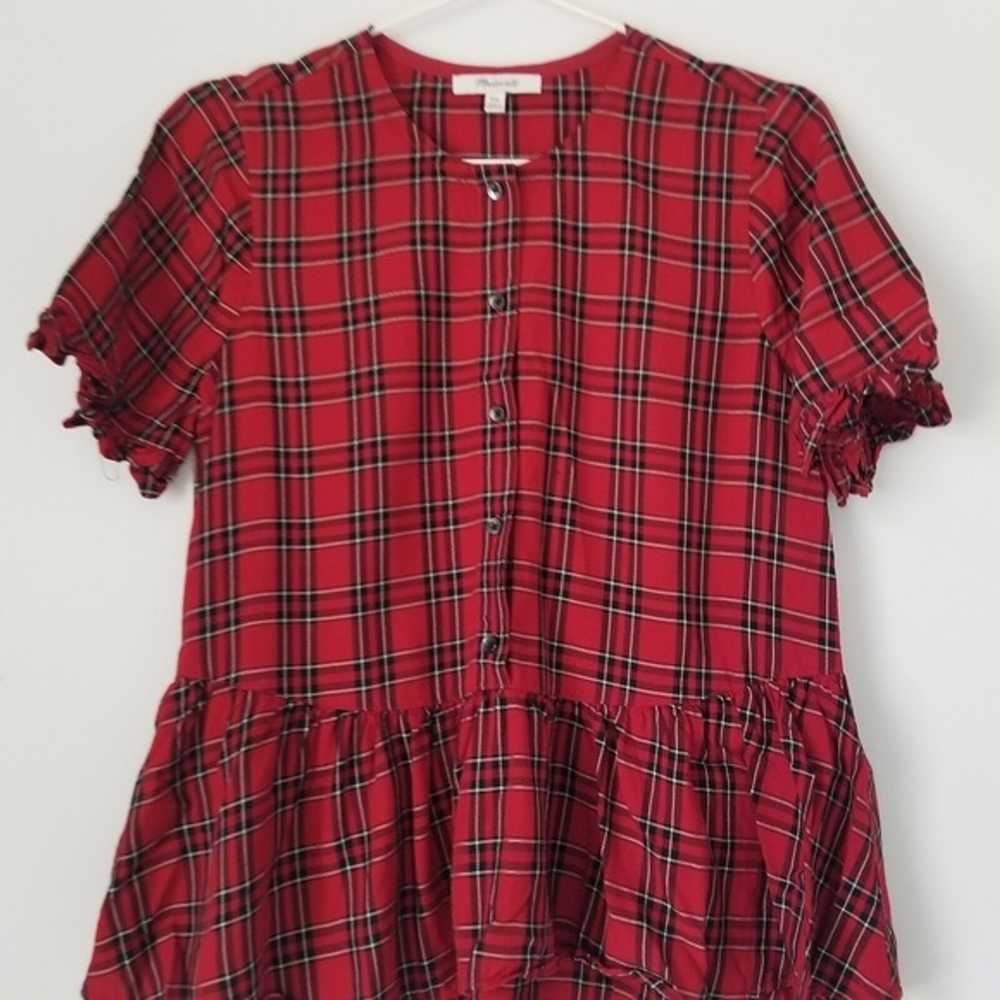 Madewell Red Plaid Studio Ruffle Hem Boho Blouse … - image 4