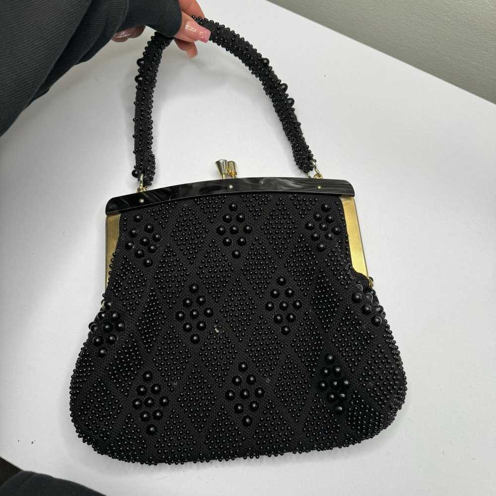 Vintage Black beaded cluth purse with tortoise sh… - image 1