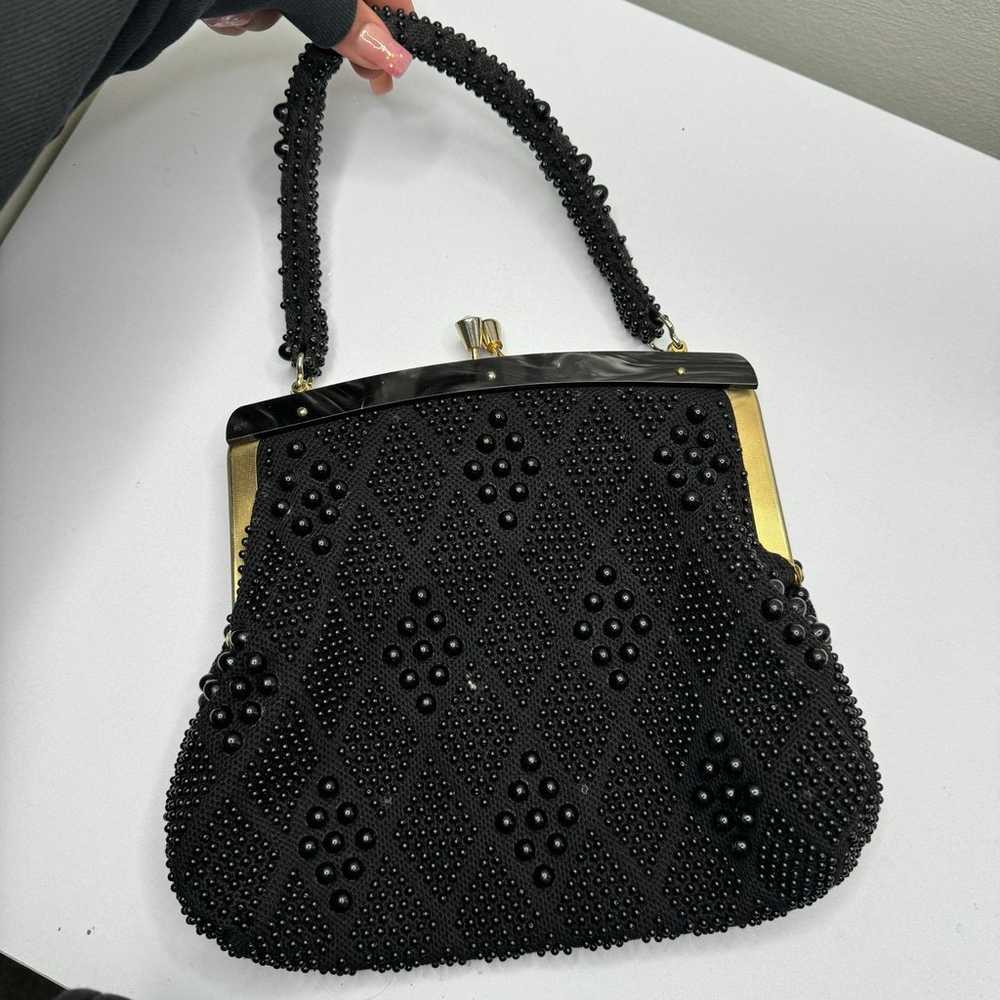 Vintage Black beaded cluth purse with tortoise sh… - image 2