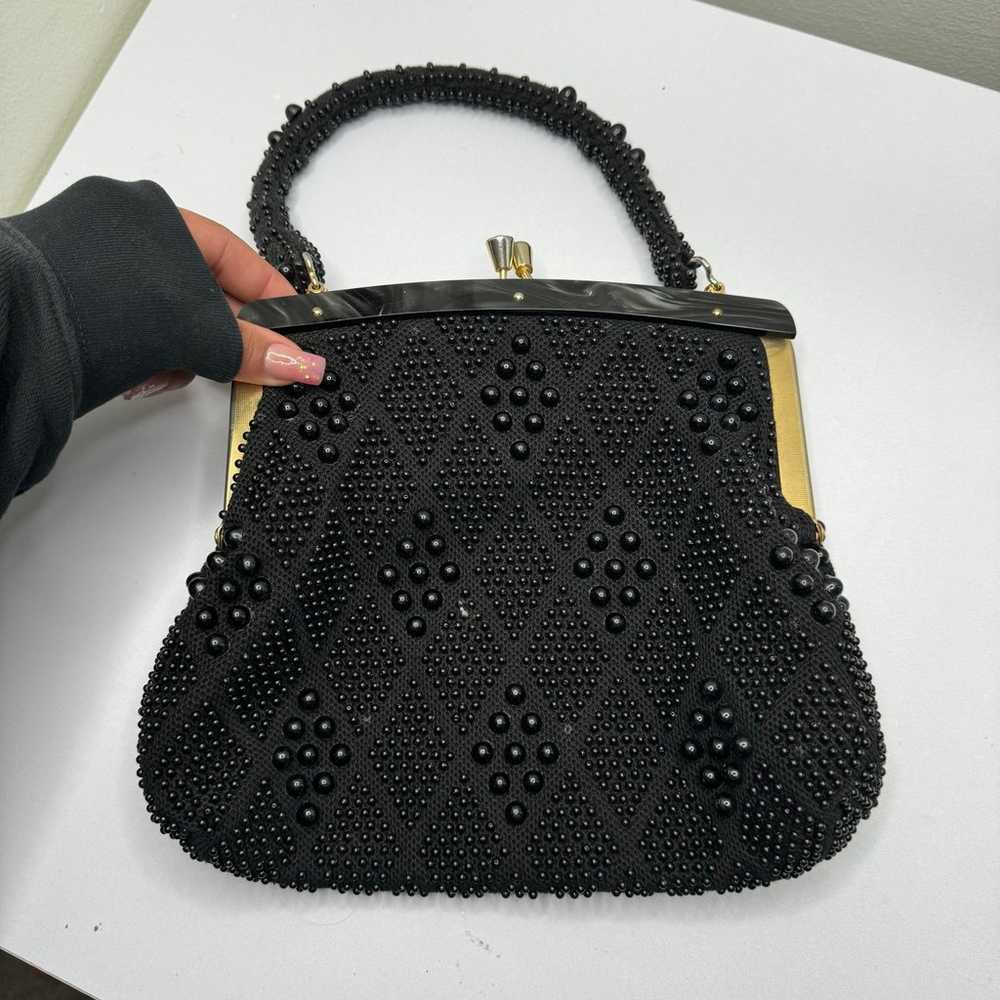 Vintage Black beaded cluth purse with tortoise sh… - image 3