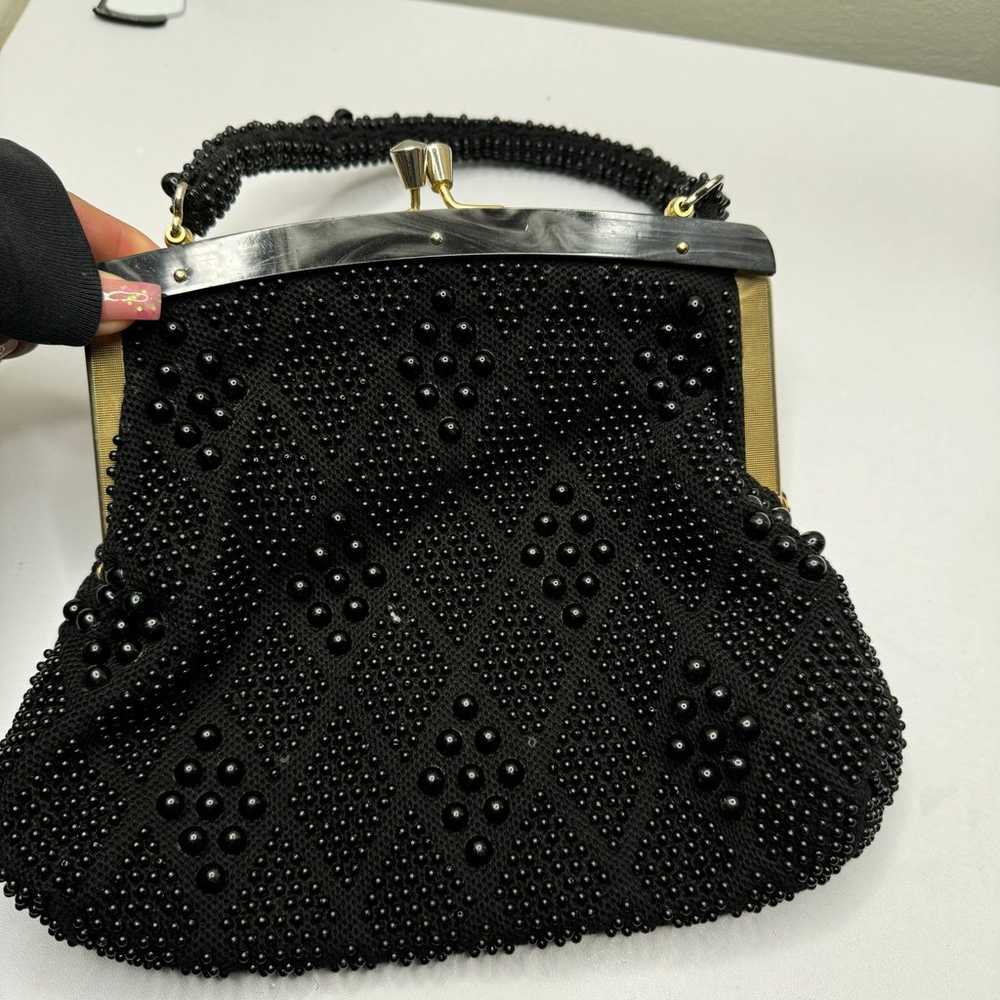 Vintage Black beaded cluth purse with tortoise sh… - image 4