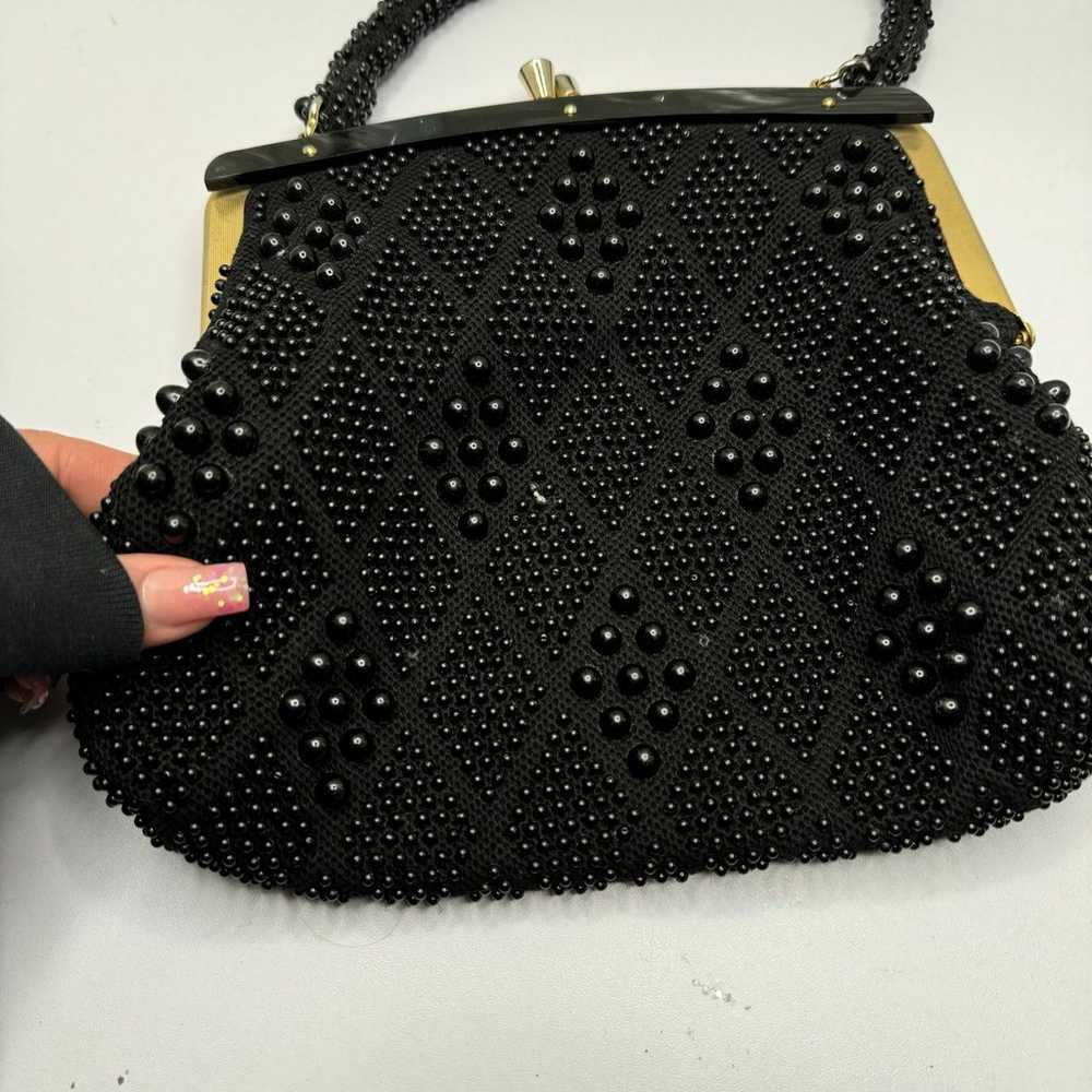 Vintage Black beaded cluth purse with tortoise sh… - image 5