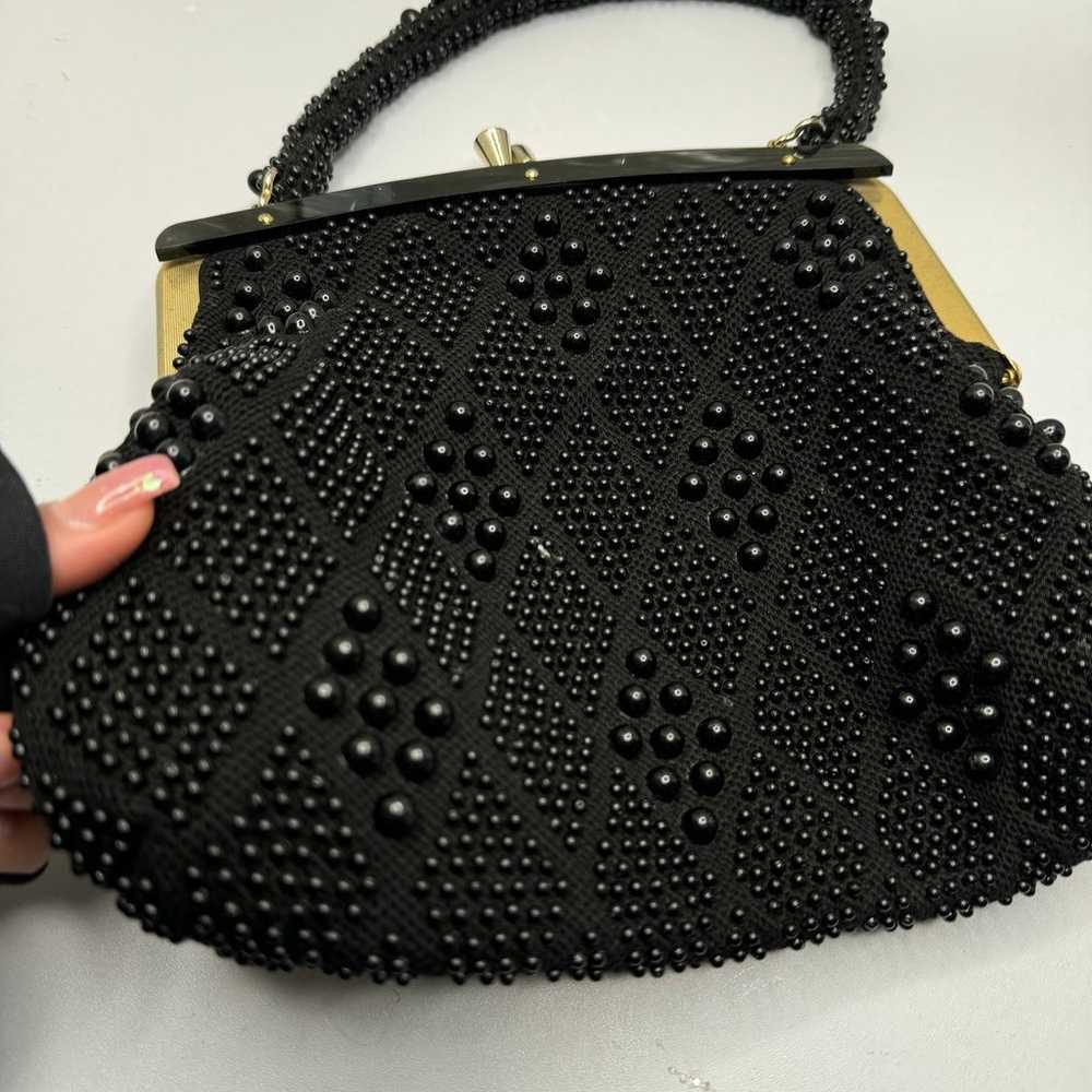 Vintage Black beaded cluth purse with tortoise sh… - image 6