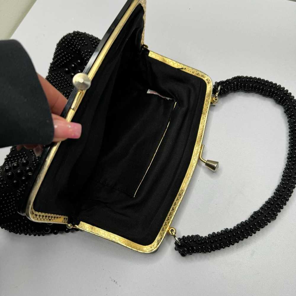 Vintage Black beaded cluth purse with tortoise sh… - image 7