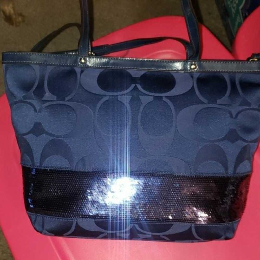 Coach Signature Stripe Blue Sequins Tote Bag #H11… - image 11