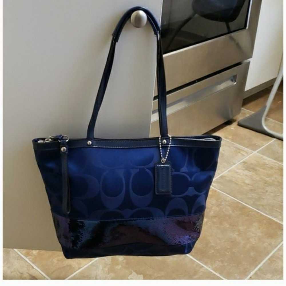 Coach Signature Stripe Blue Sequins Tote Bag #H11… - image 1