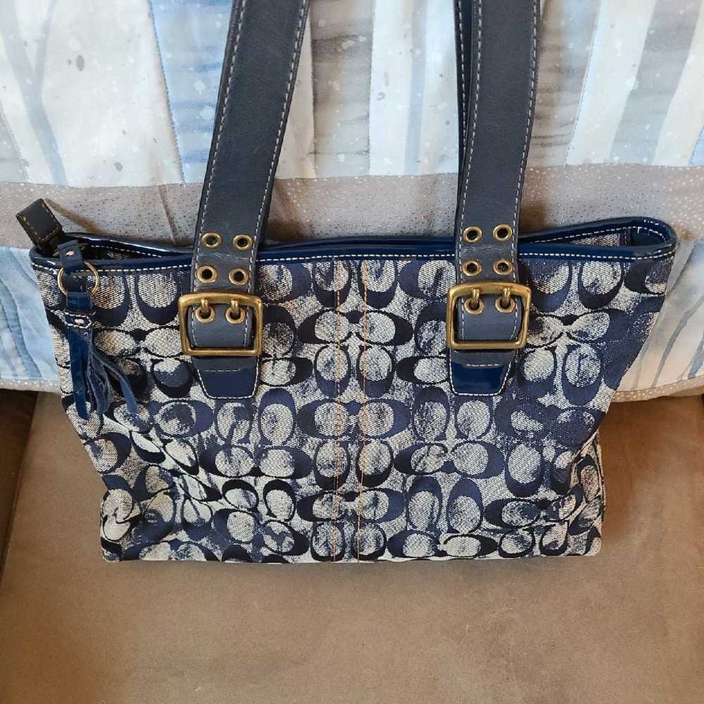 vintage Coach purse blue denim patent leather - image 2