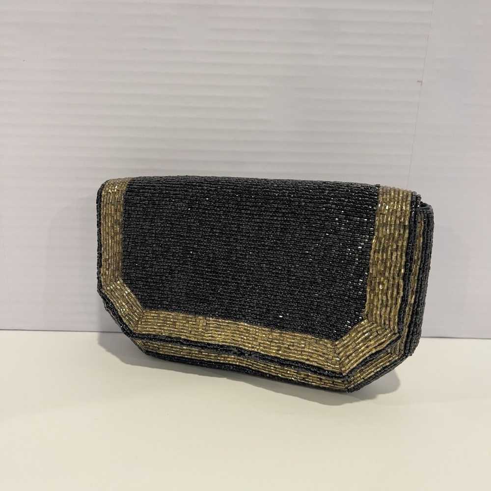 VTG Gold Stripe Black Beaded Purse Evening Bag Cl… - image 1