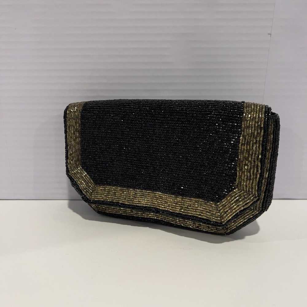 VTG Gold Stripe Black Beaded Purse Evening Bag Cl… - image 2