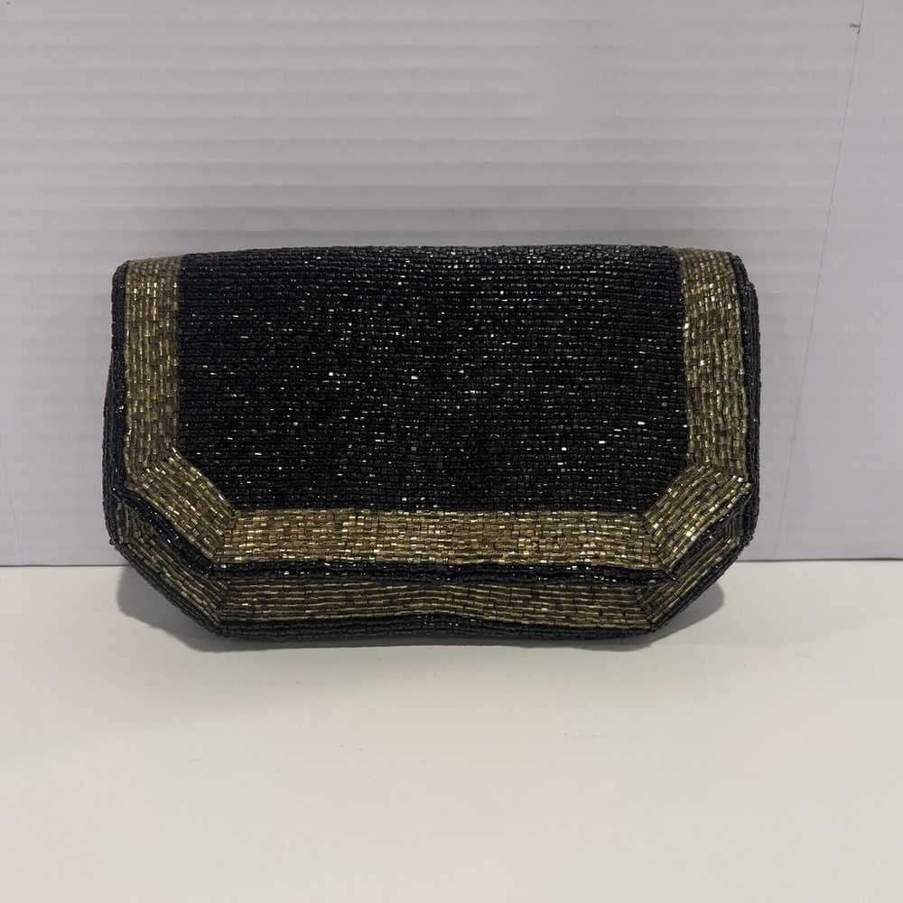 VTG Gold Stripe Black Beaded Purse Evening Bag Cl… - image 3