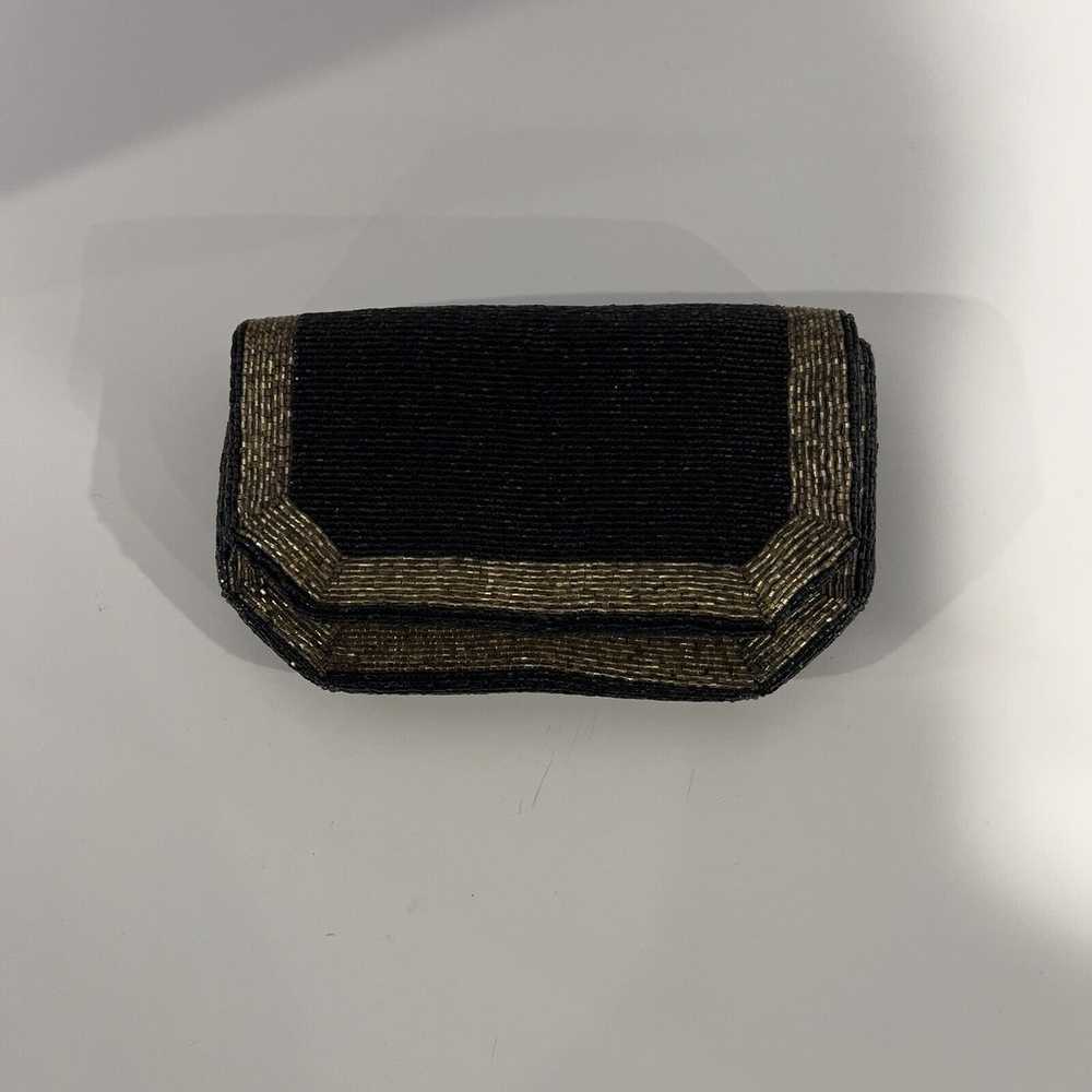 VTG Gold Stripe Black Beaded Purse Evening Bag Cl… - image 4