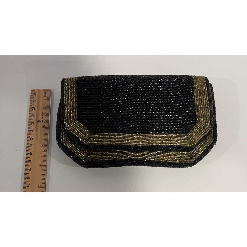 VTG Gold Stripe Black Beaded Purse Evening Bag Cl… - image 8