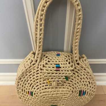 Vintage Circle Straw Woven Tote Bag Purse Handmade - image 1