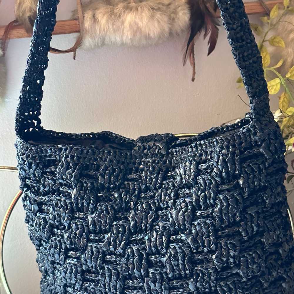 Vintage Crochet Cord Black Woven Strap Bag - image 5