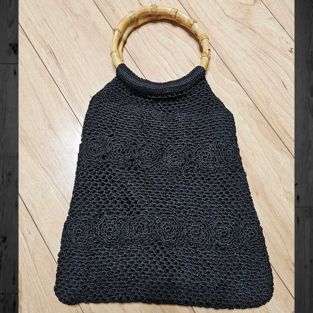 Vintage Black Macrame Crochet Purse w Bamboo Hand… - image 1