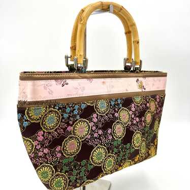 Y2K VTG Bamboo Handle Pink Brown Satin Oriental J… - image 1