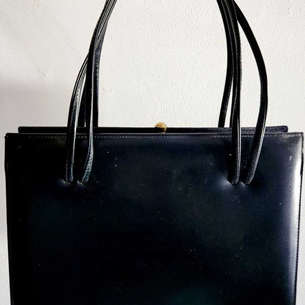 Vintage Genuine Leather Navy Blue Dobbie Handbag.… - image 3