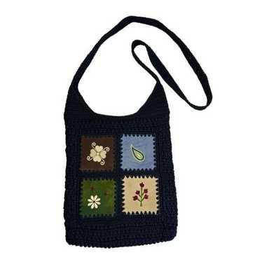 Vintage Crochet Black Hobo Crossbody Bag Leather … - image 1