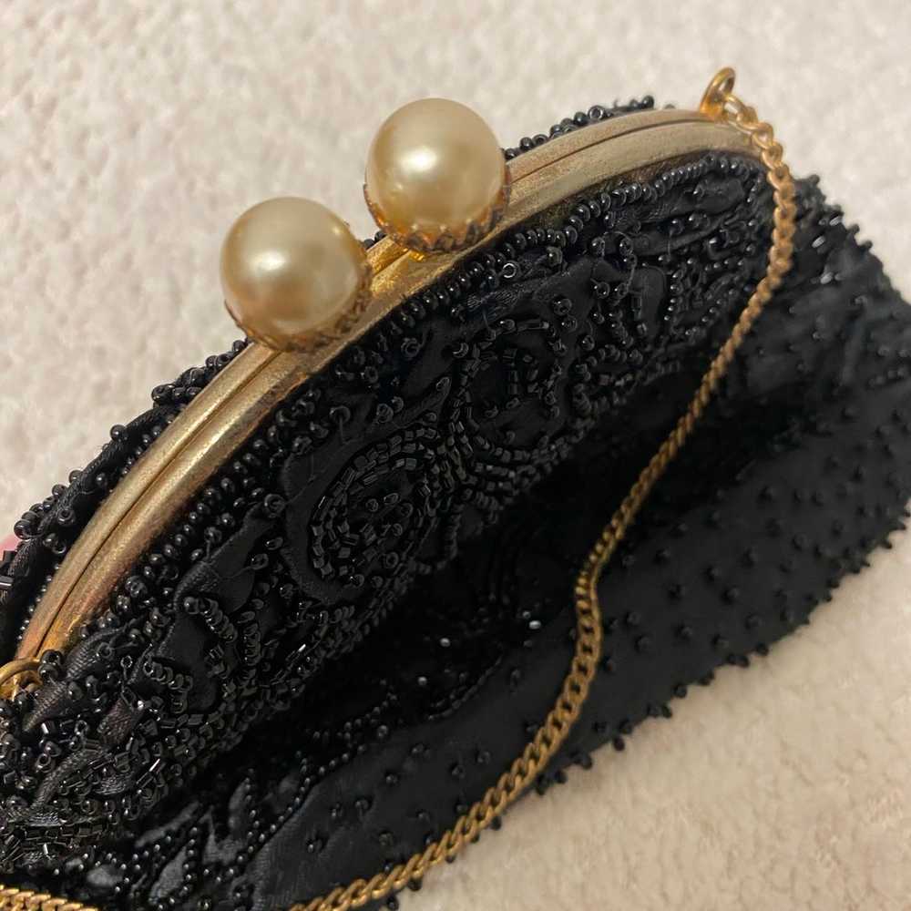 Vintage black beaded evening bag with gold chain … - image 1