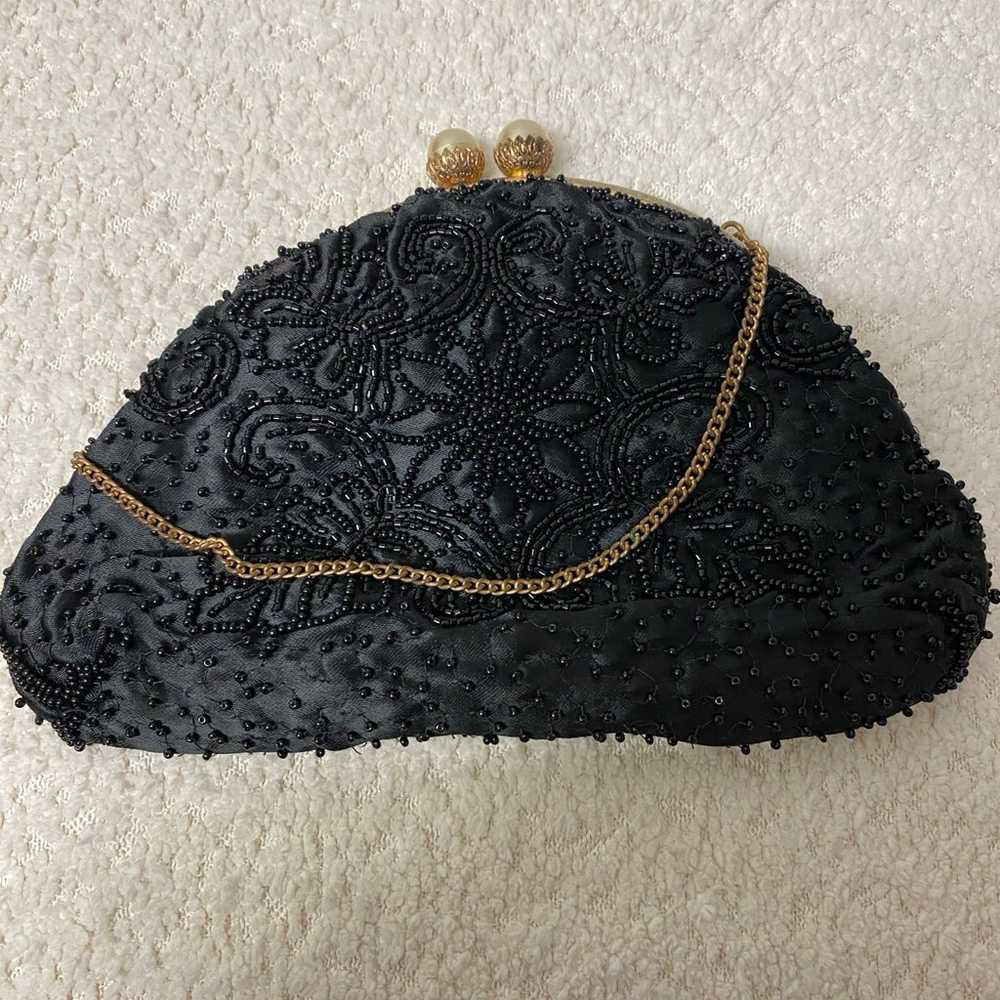 Vintage black beaded evening bag with gold chain … - image 2