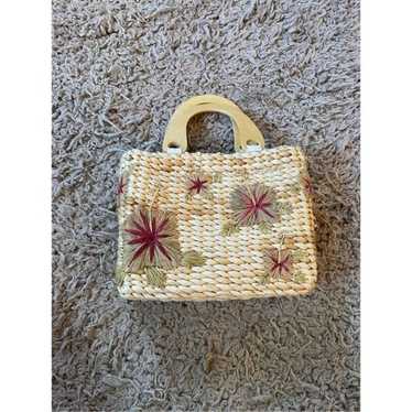 Vintage y2k wicker straw mini purse with embroide… - image 1