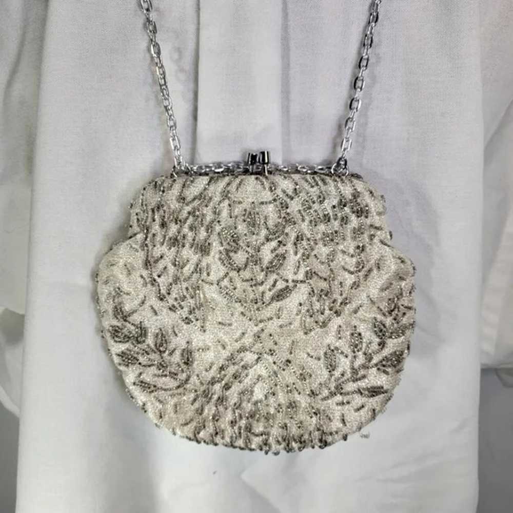 Vintage Hand Made White w/ Silver Beading Evening… - image 1