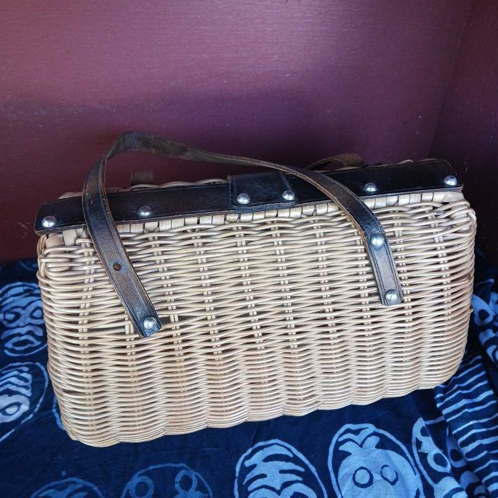 AMAZING VTG WICKER LEATHER BASKET HANDBAG PURSE  … - image 3