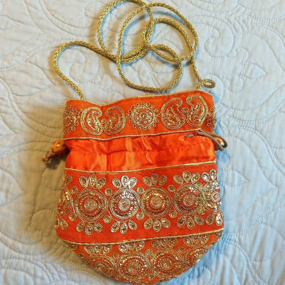 Vintage Handmade Embroidered Silken Saffron Orang… - image 1