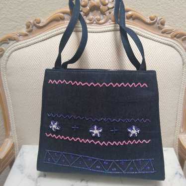 Vintage 90s Beaded Denim Shoulder Bag - image 1