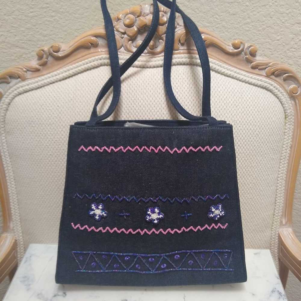 Vintage 90s Beaded Denim Shoulder Bag - image 2