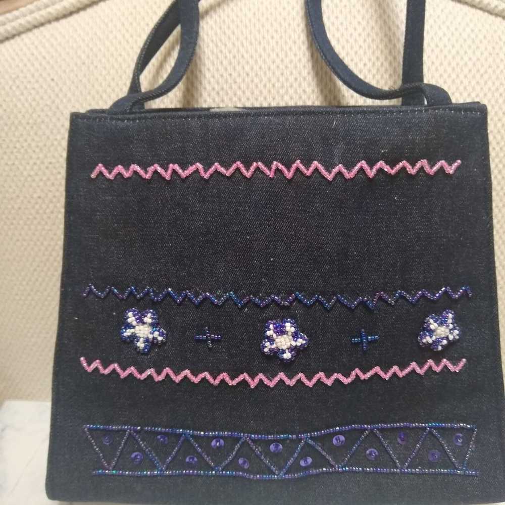 Vintage 90s Beaded Denim Shoulder Bag - image 3