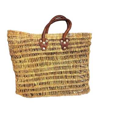 Vintage Raffia Tote Bag Tan Leather Handles Beach… - image 1