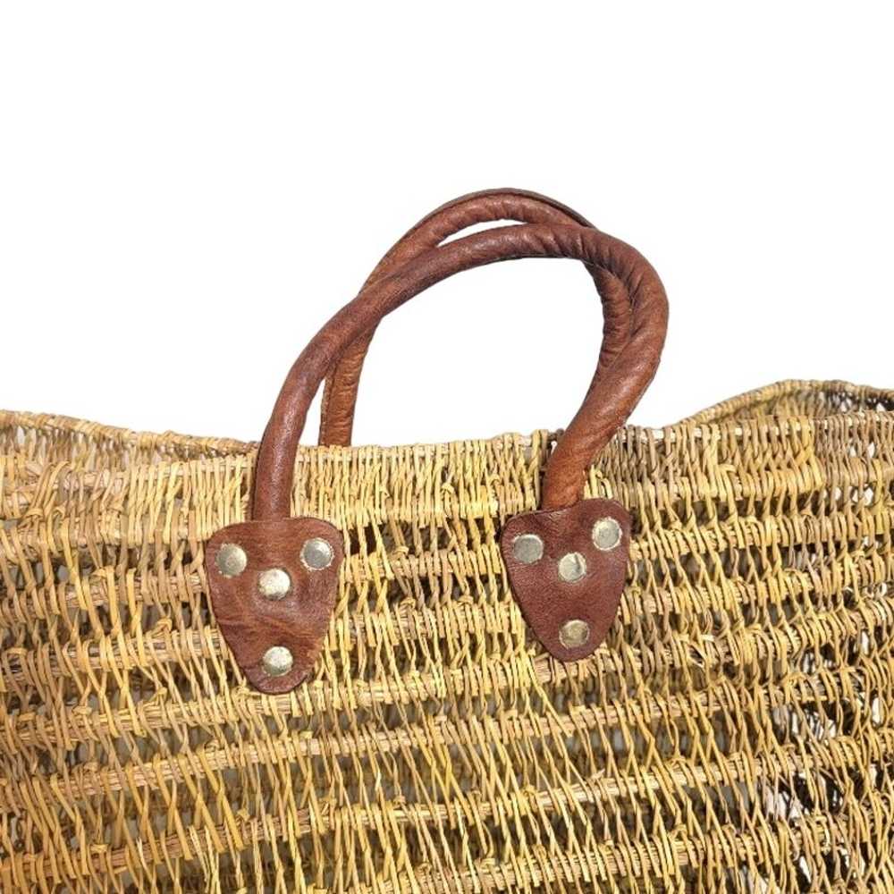 Vintage Raffia Tote Bag Tan Leather Handles Beach… - image 2