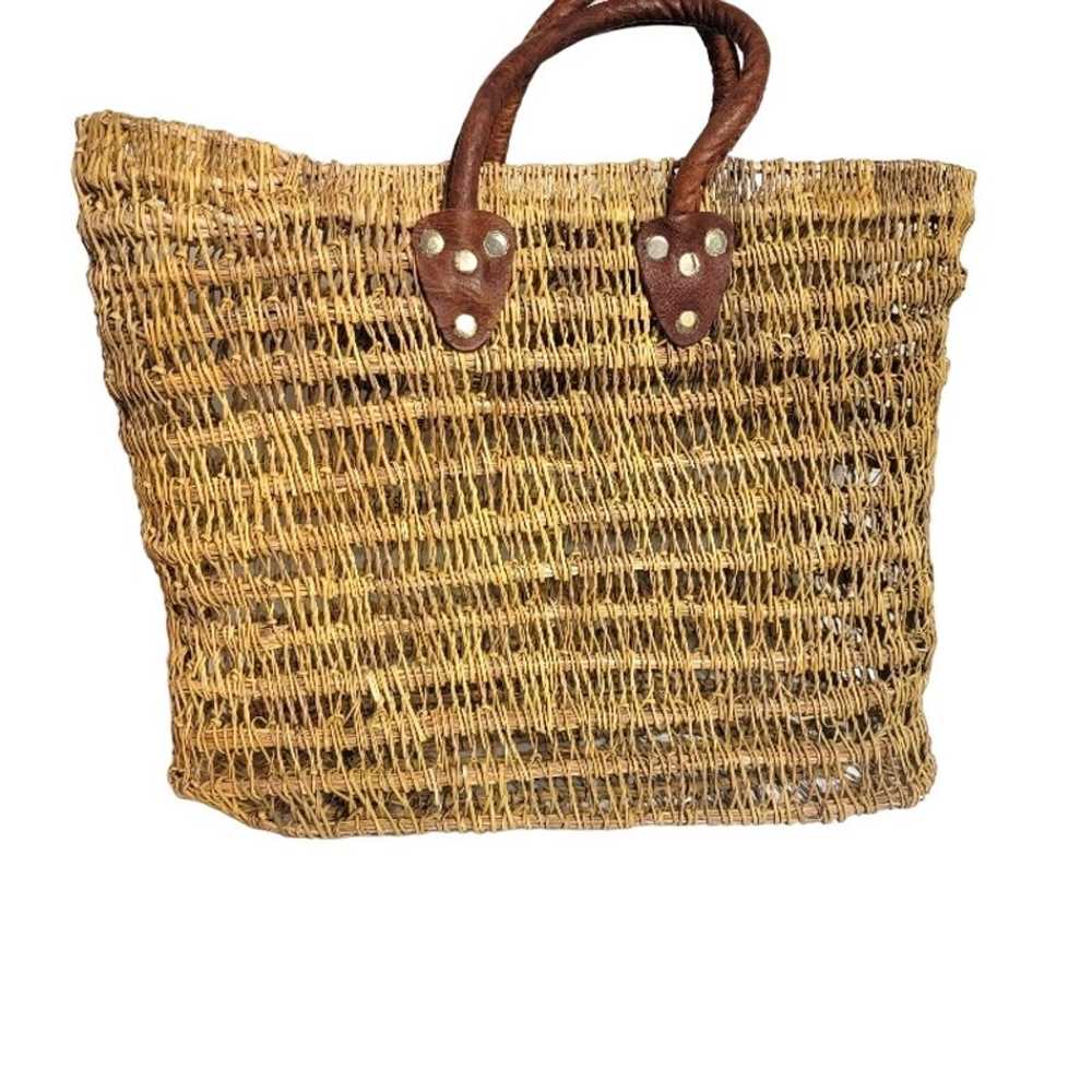 Vintage Raffia Tote Bag Tan Leather Handles Beach… - image 3