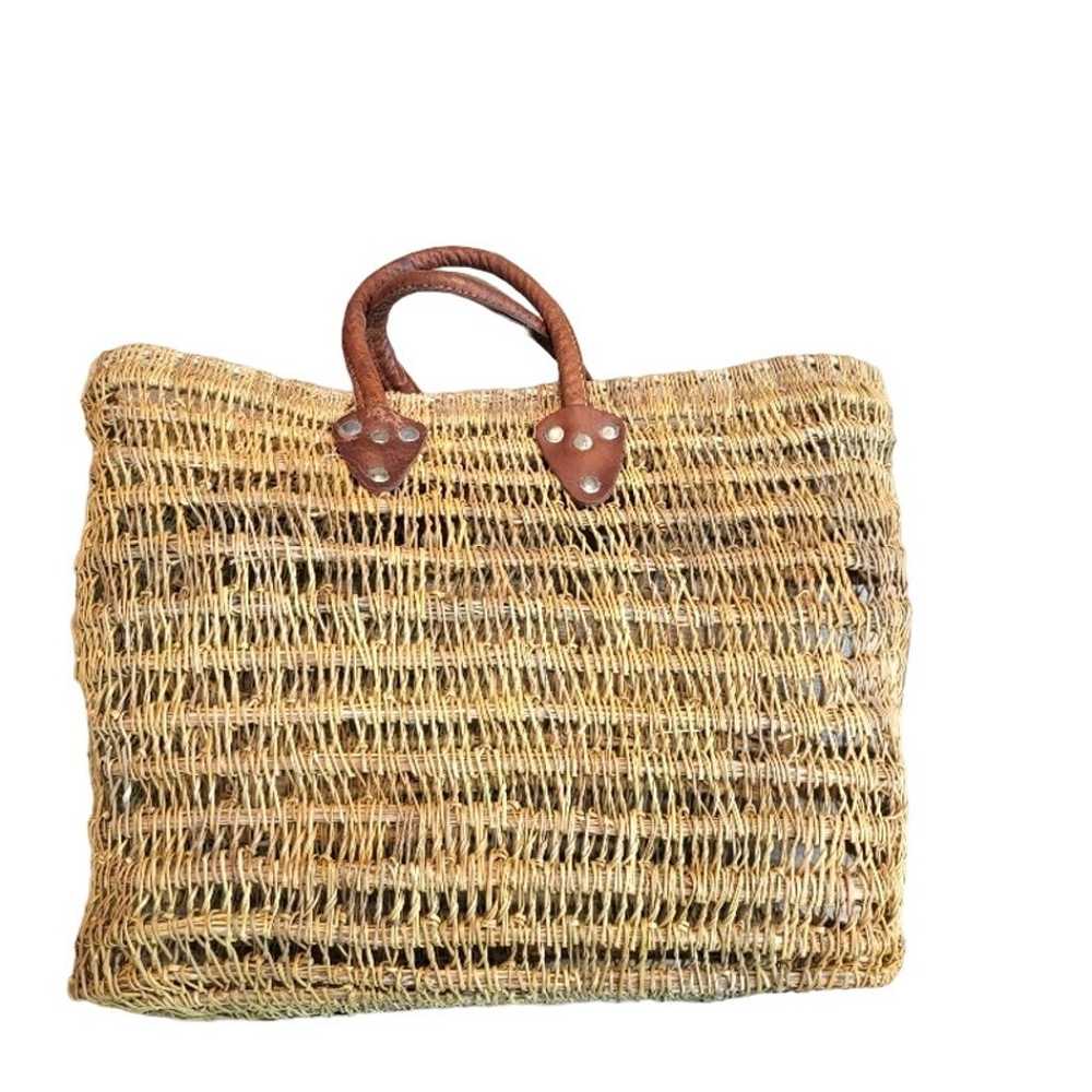 Vintage Raffia Tote Bag Tan Leather Handles Beach… - image 4