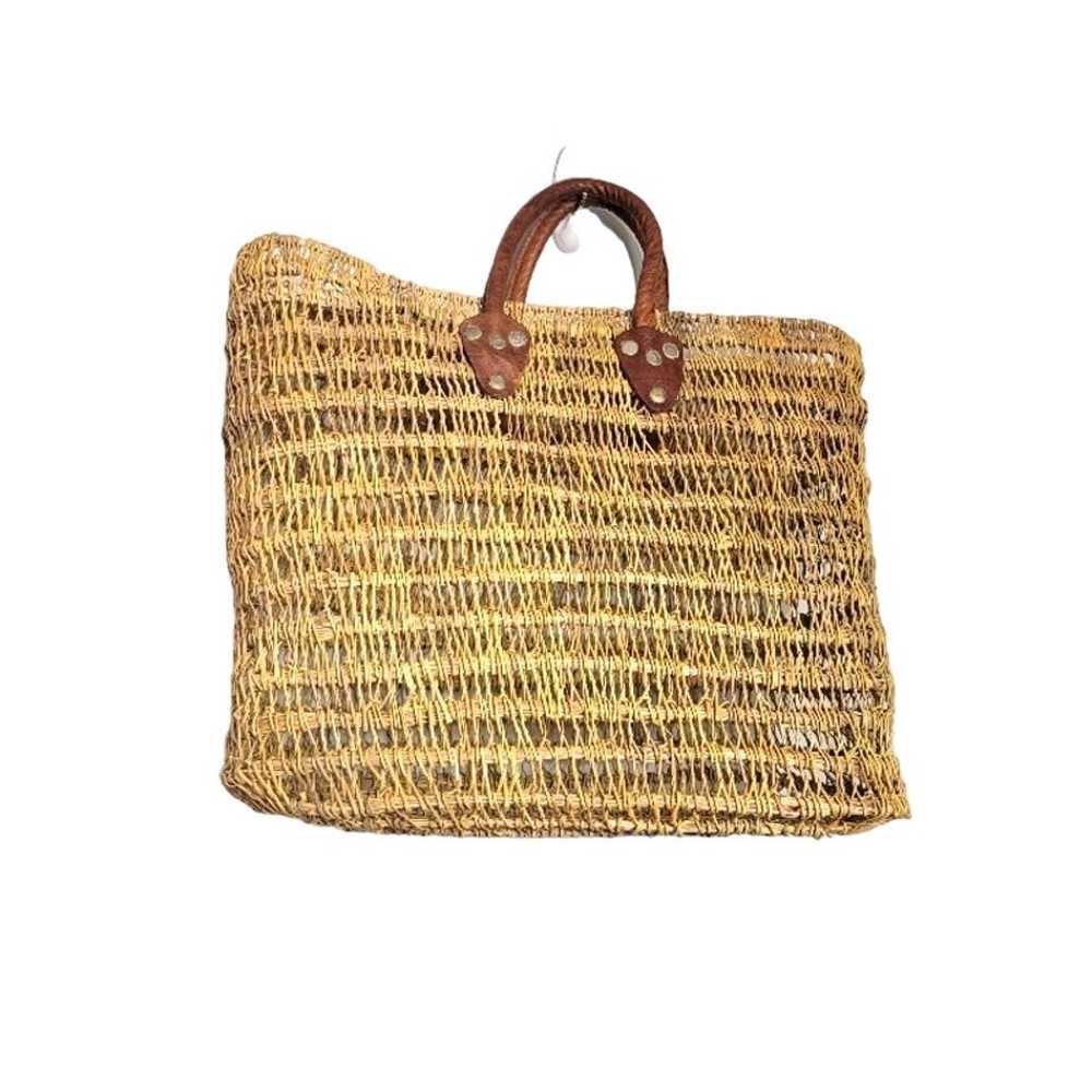 Vintage Raffia Tote Bag Tan Leather Handles Beach… - image 5