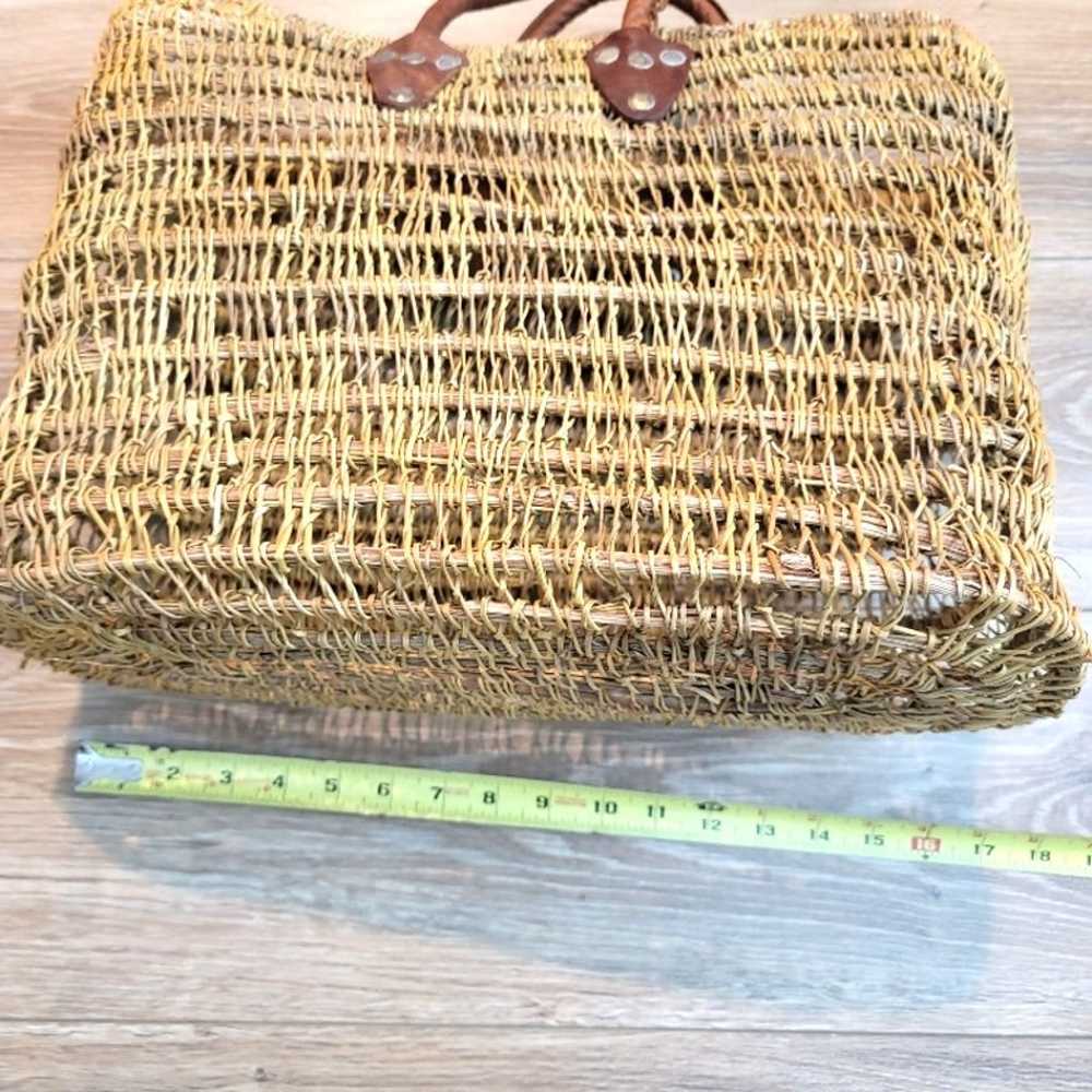 Vintage Raffia Tote Bag Tan Leather Handles Beach… - image 7