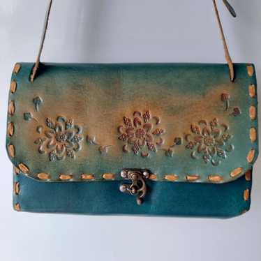 Vintage Leather Hand Tooled Purse Teal Flowers Le… - image 1