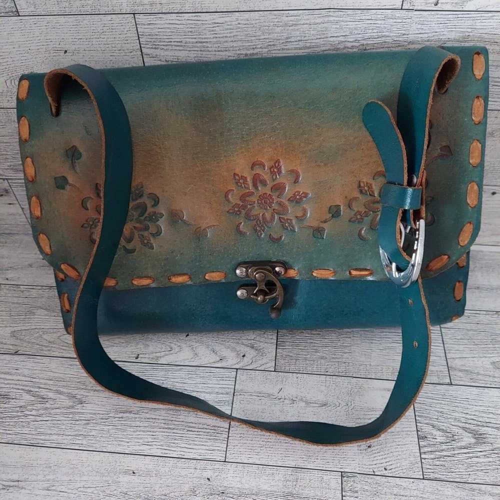 Vintage Leather Hand Tooled Purse Teal Flowers Le… - image 2