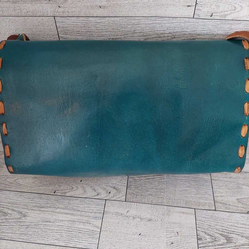 Vintage Leather Hand Tooled Purse Teal Flowers Le… - image 3