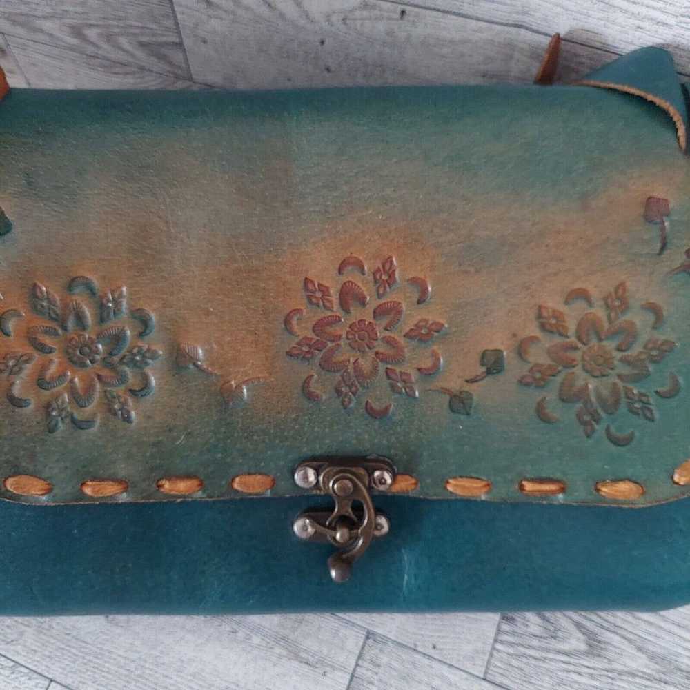 Vintage Leather Hand Tooled Purse Teal Flowers Le… - image 7