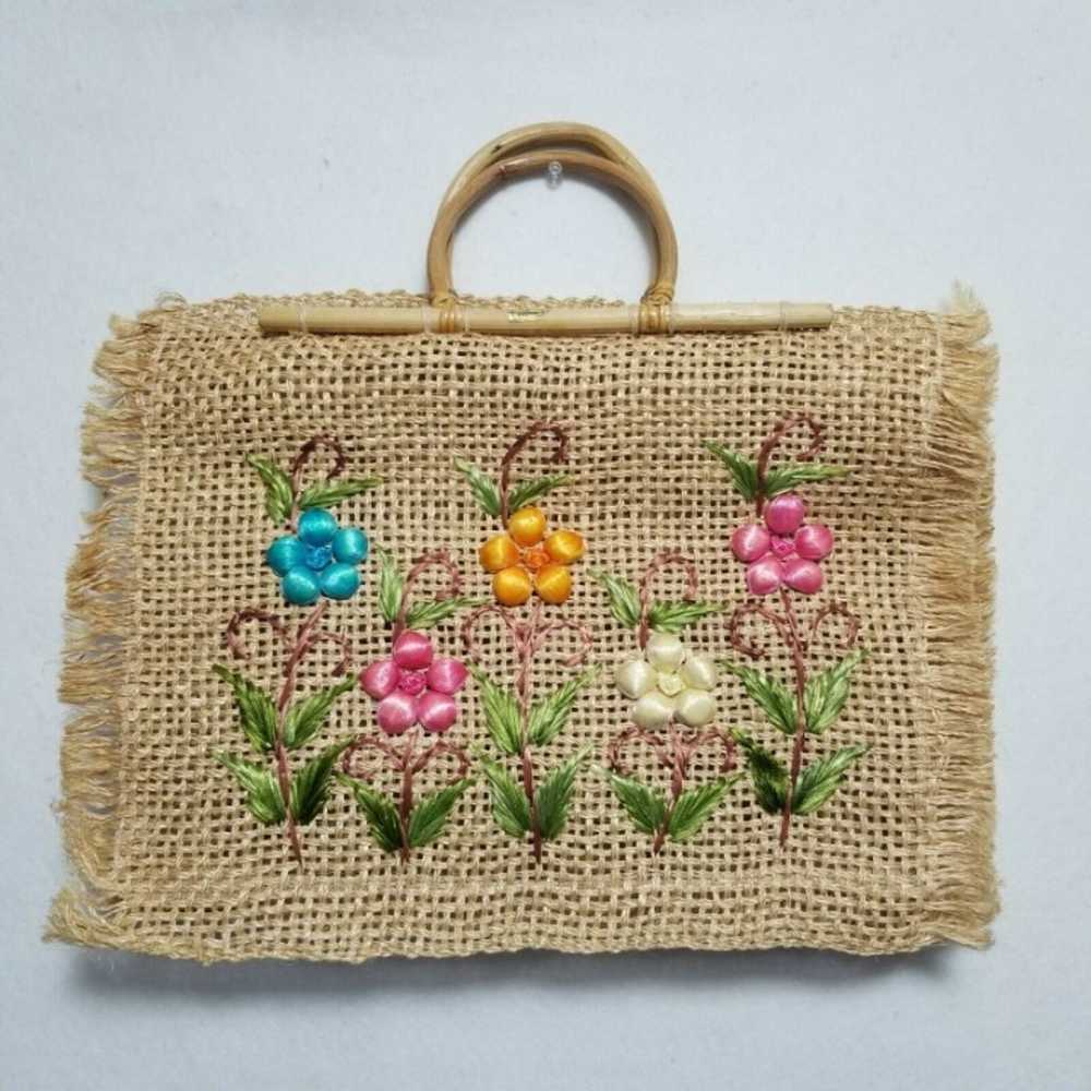 Straw Tote Bag Floral Woven Handbag - image 1