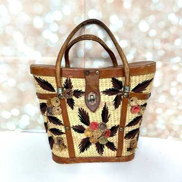 1960s  Handmade Woven & Tooled Leather Floral Han… - image 1