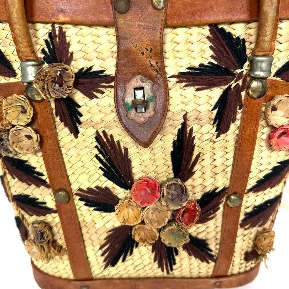 1960s  Handmade Woven & Tooled Leather Floral Han… - image 3