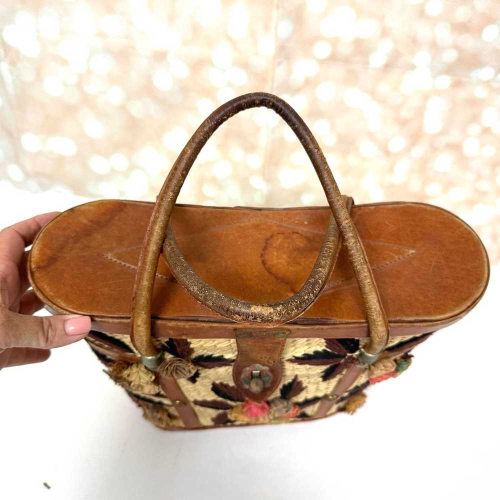 1960s  Handmade Woven & Tooled Leather Floral Han… - image 5