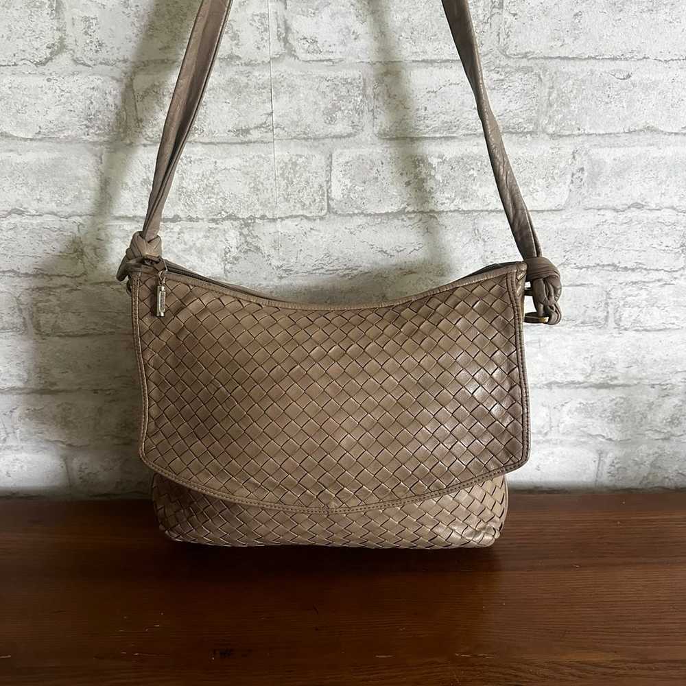 Vintage Meyers Taupe Mushroom Woven Leather Cross… - image 1