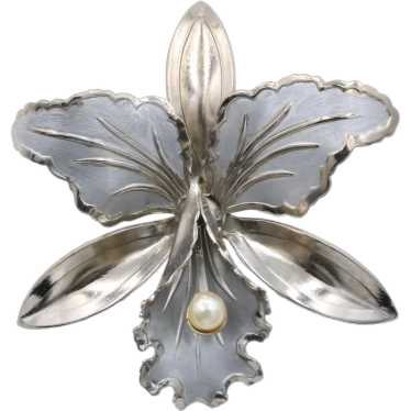 Brooch Pin Unsigned Avon Orchid Flower Silver Tone