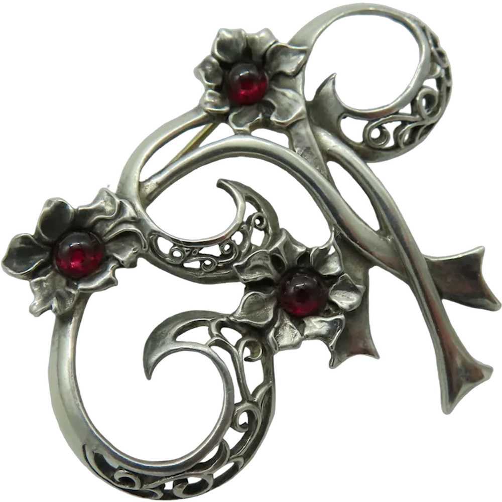 Sterling Silver Red Cabochon Flower Brooch Jezlai… - image 1