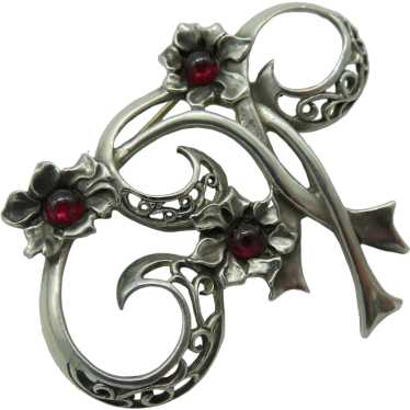 Sterling Silver Red Cabochon Flower Brooch Jezlai… - image 1