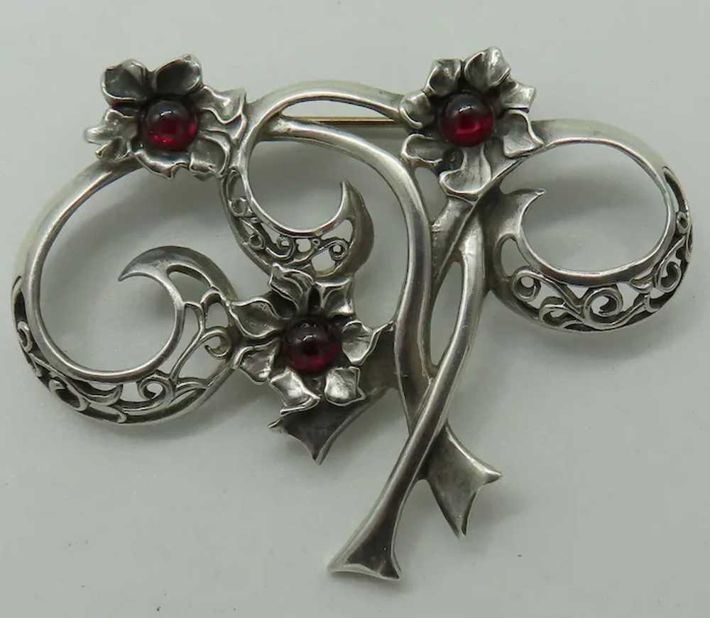 Sterling Silver Red Cabochon Flower Brooch Jezlai… - image 2